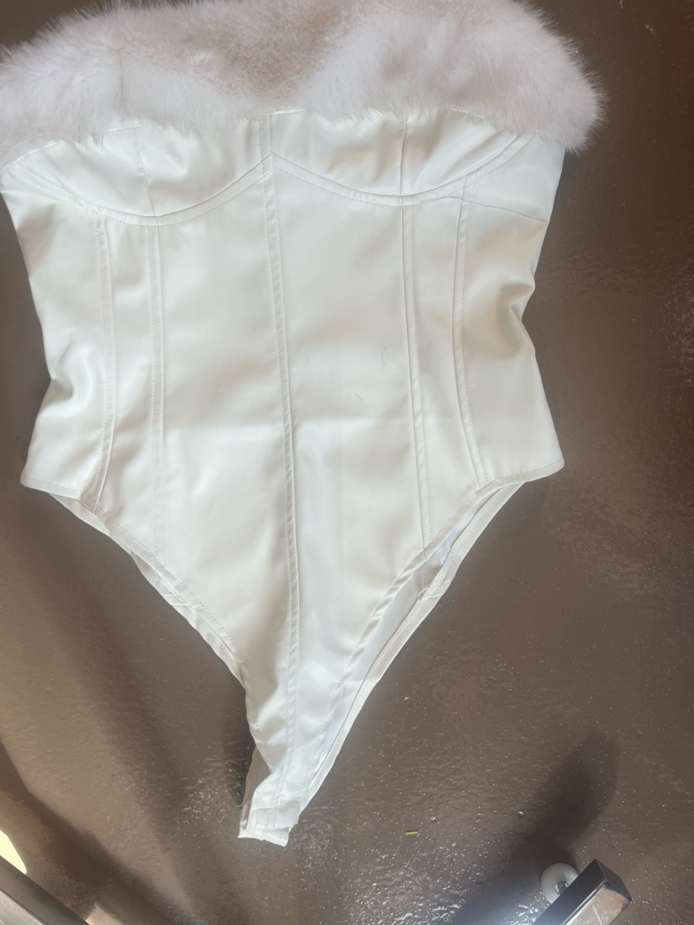 Fashion Nova White Faux-Fur Trim Strapless Bodysuit